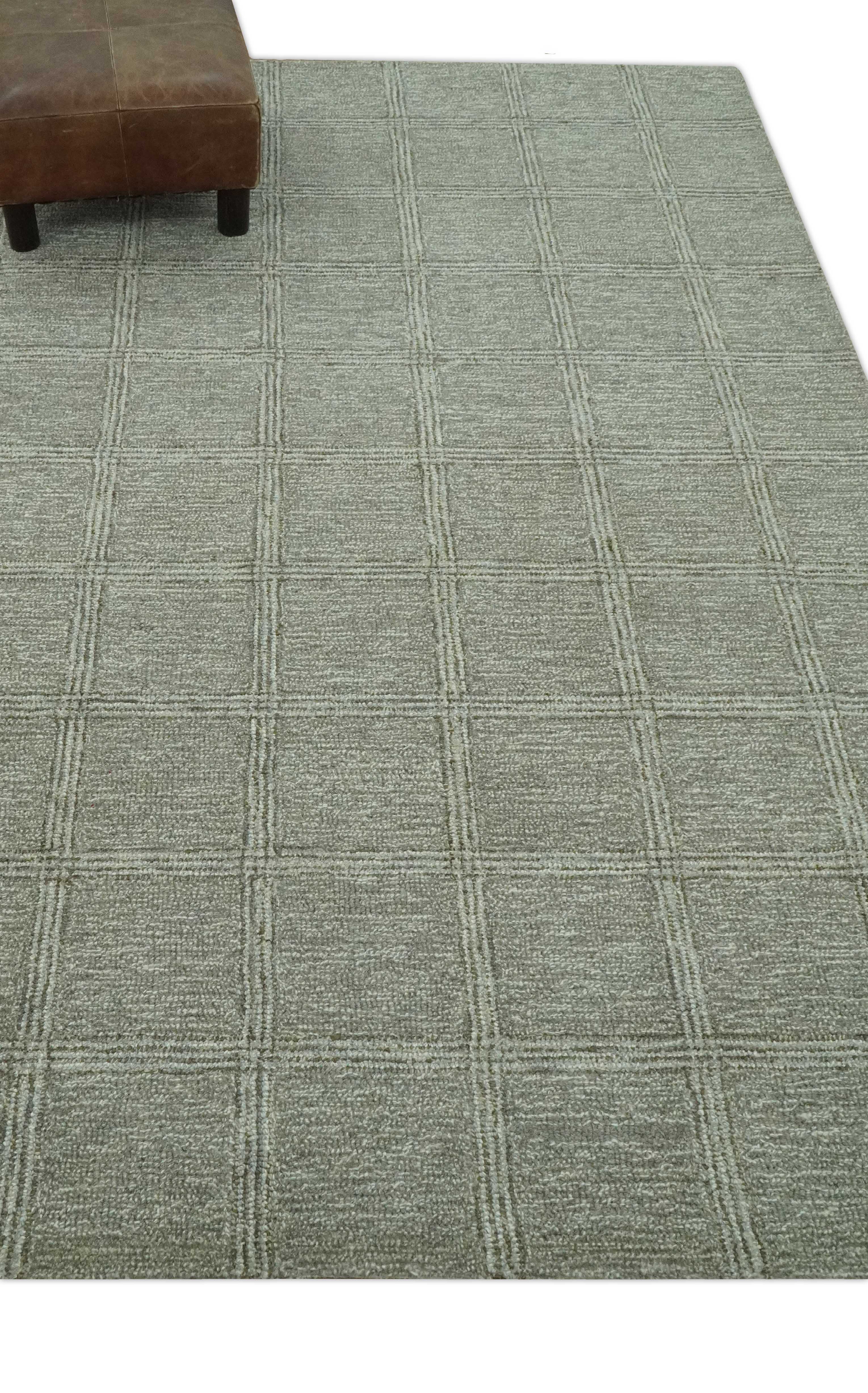 Grid Pattern Gray, Ivory And Dark Green Hand Tufted Wool Rug 5x7 ft Ideal for Living, Bedroom And Dining Rooms