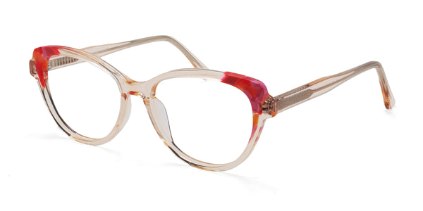 lucky cat eye orange eyeglasses frames angled view