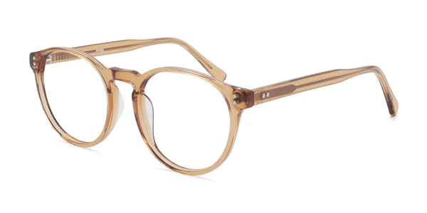 union round brown eyeglasses frames angled view