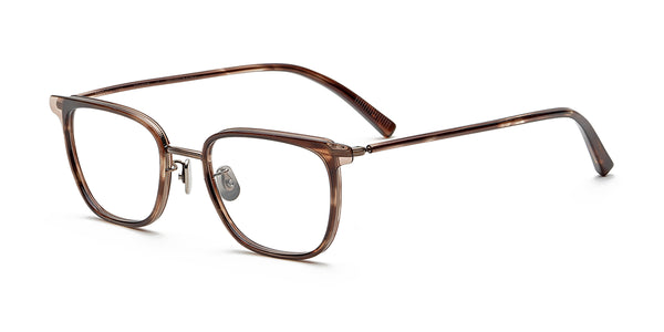 neat glossy transparent brown eyeglasses frames angled view