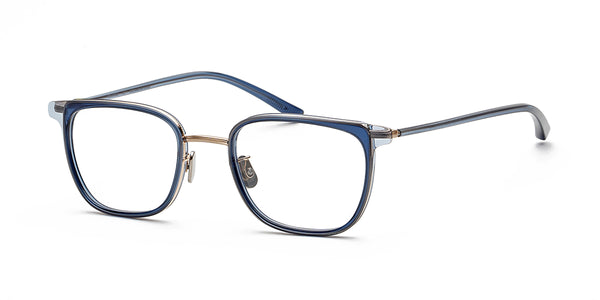 neat glossy transparent navy eyeglasses frames angled view