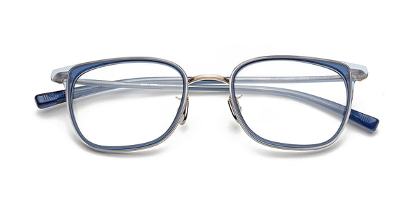 neat glossy transparent navy eyeglasses frames top view