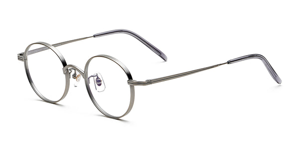 odd gray round eyeglasses frames angled view