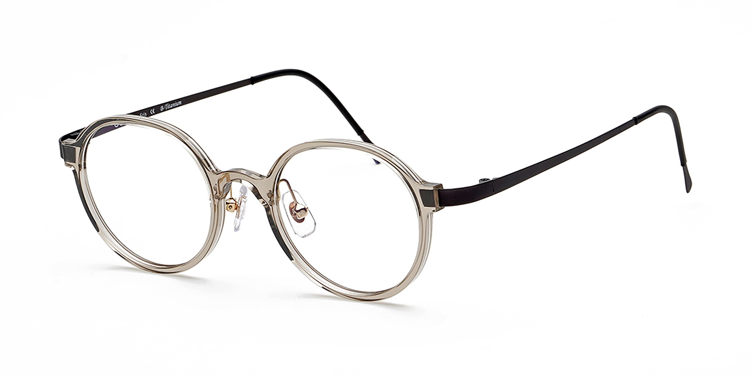 odd transparent gray eyeglasses frames angled view