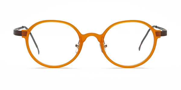 odd orange oval eyeglasses frames front view