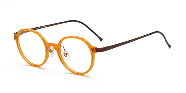 odd orange oval eyeglasses frames angled view