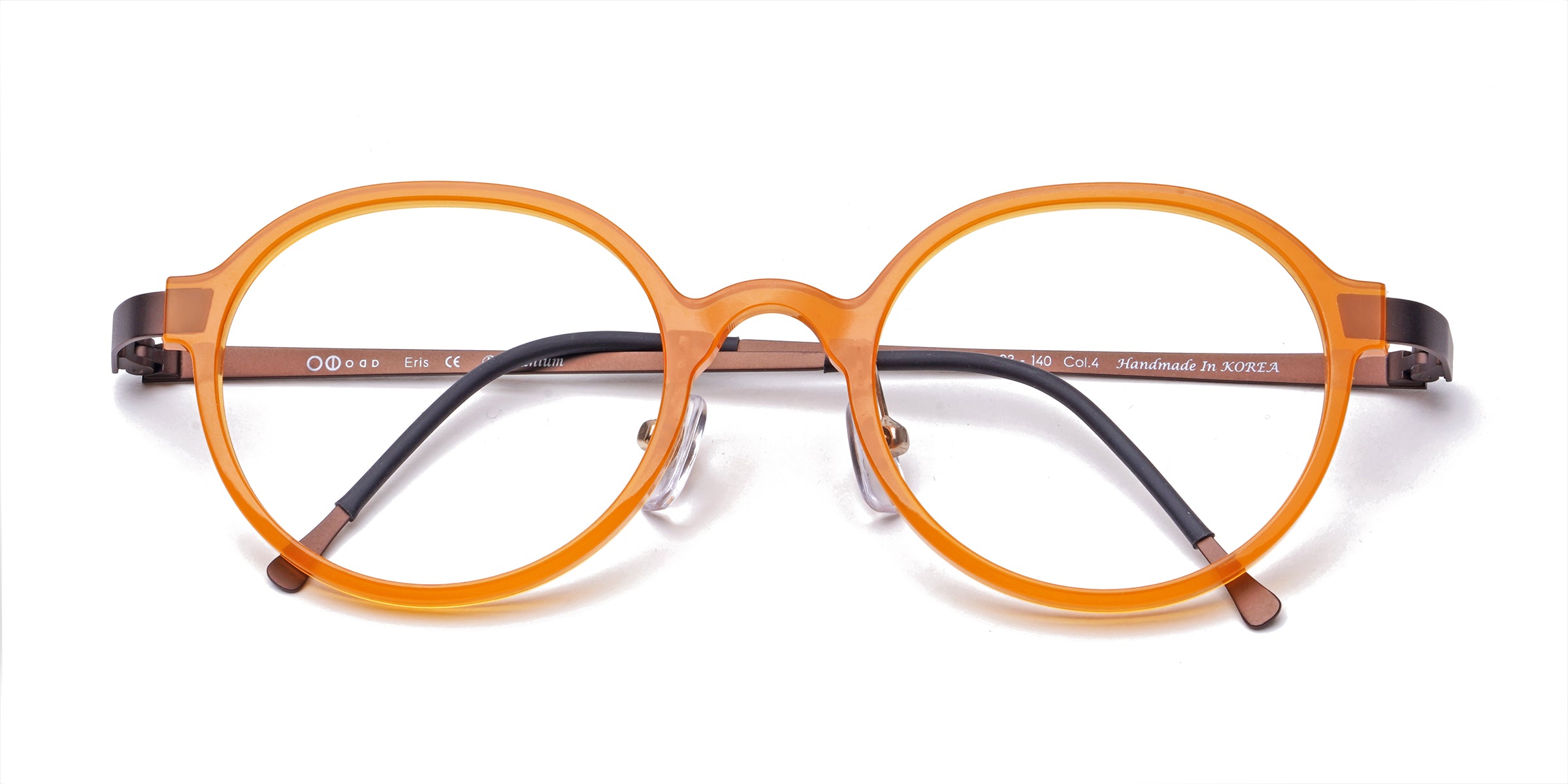 odd orange oval eyeglasses frames top view