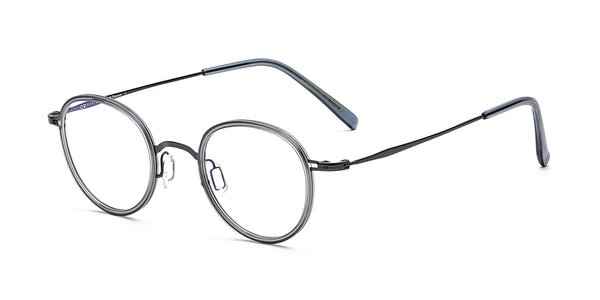 odd gray oval eyeglasses frames angled view