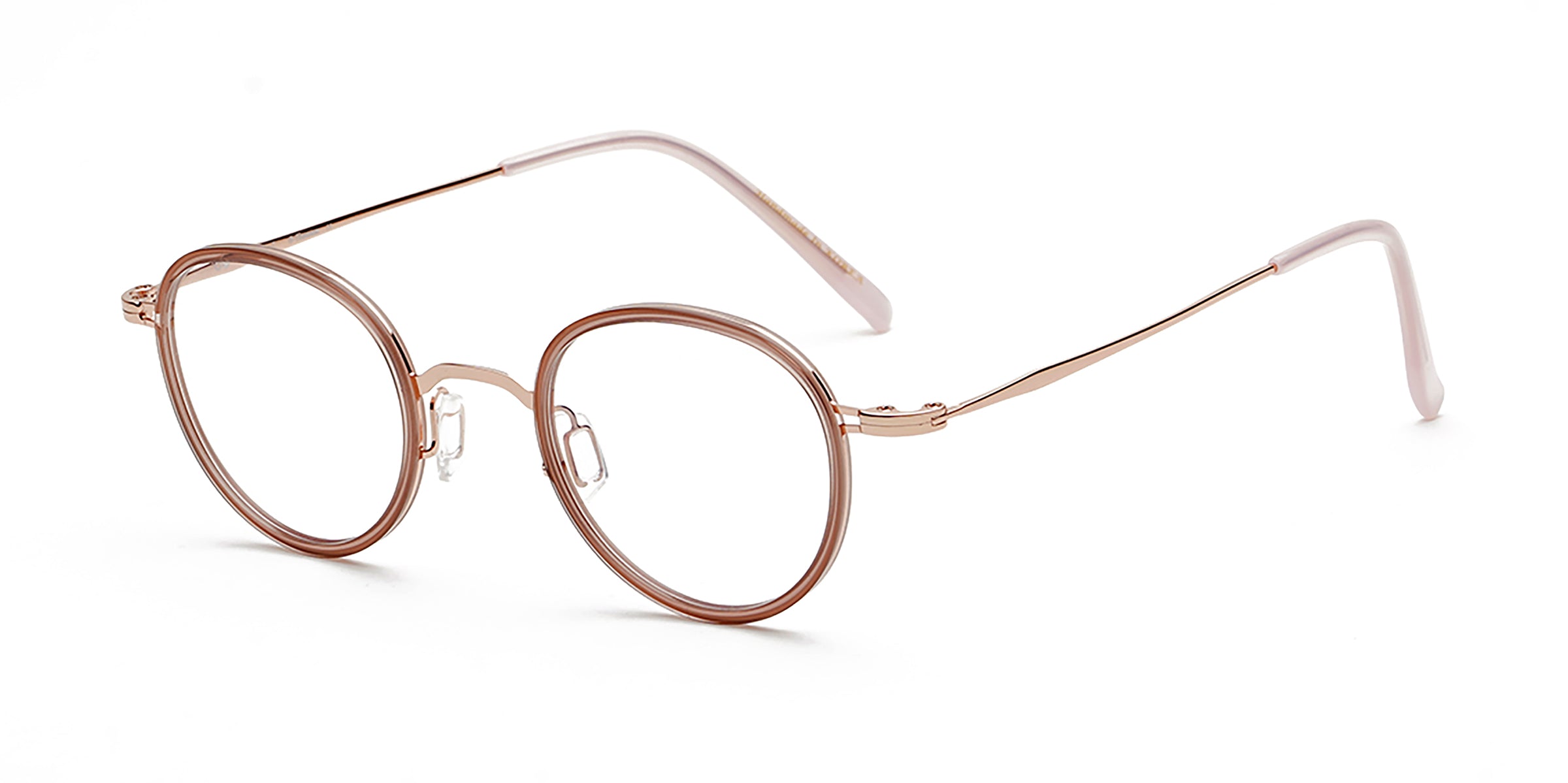 odd pink oval eyeglasses frames angled view