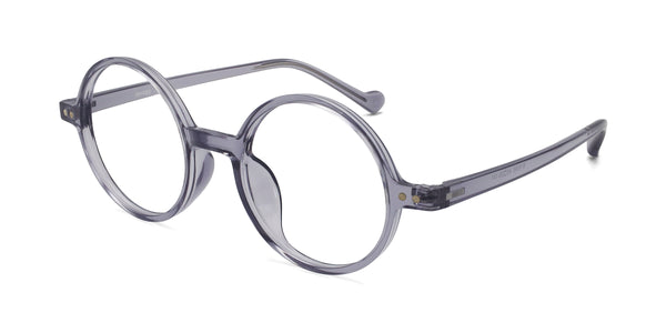 bobby round transparent gray eyeglasses frames angled view