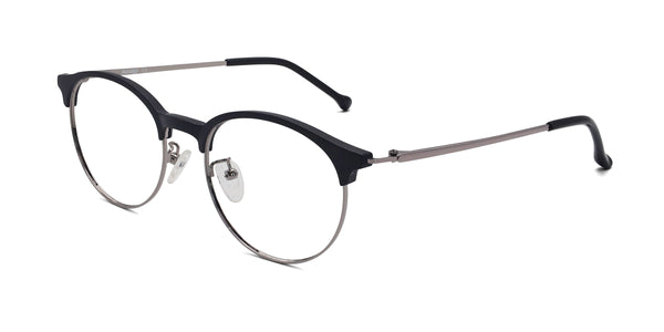 brainy oval black silver eyeglasses frames angled view