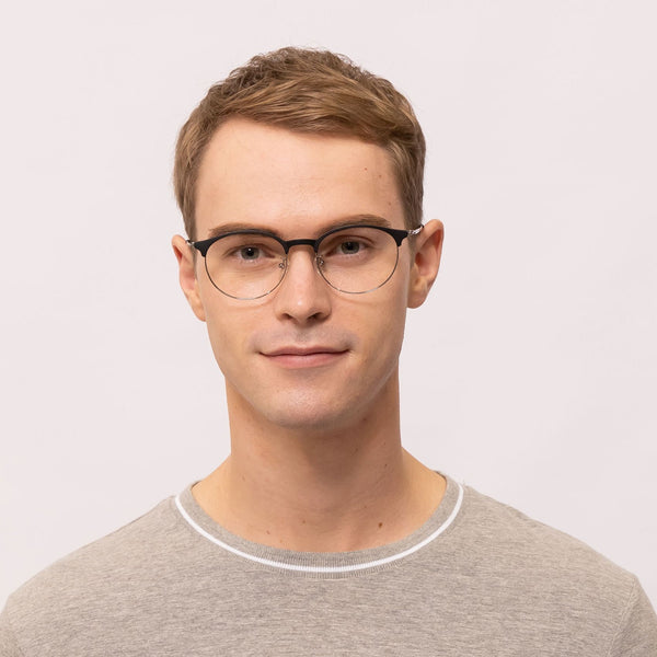 brainy oval black silver eyeglasses frames for men front view