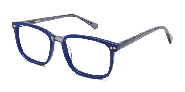 chord rectangle shiny blue eyeglasses frames angled view