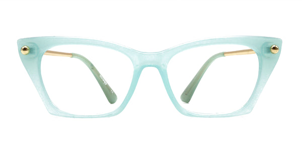 deluxe cat eye green gold eyeglasses frames front view