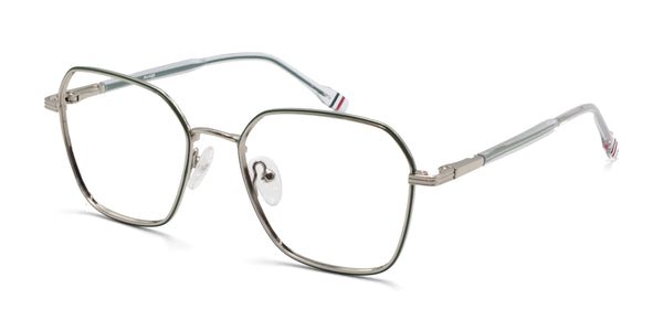 fresh geometric silver green eyeglasses frames angled view