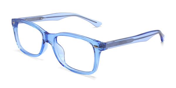 june rectangle shiny blue eyeglasses frames angled view