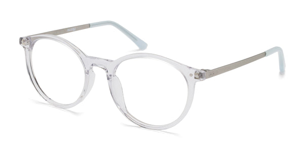 mie oval transparent silver eyeglasses frames angled view