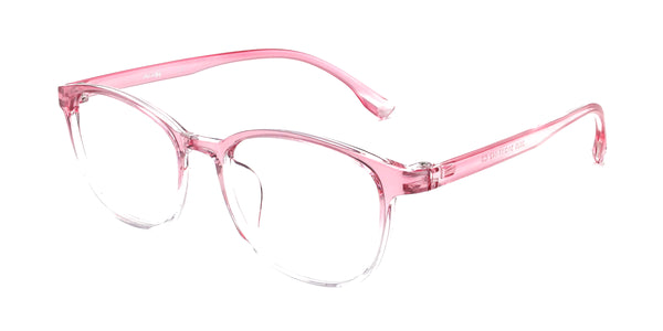 playful rectangle transparent pink eyeglasses frames angled view