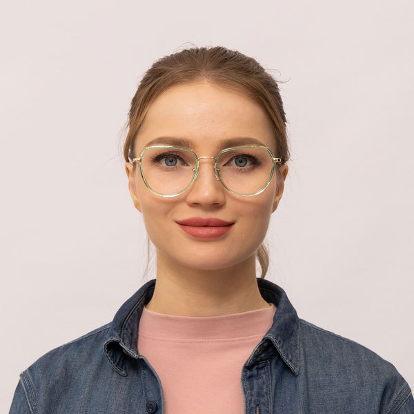tropical geometric transparent green eyeglasses frames for women front view