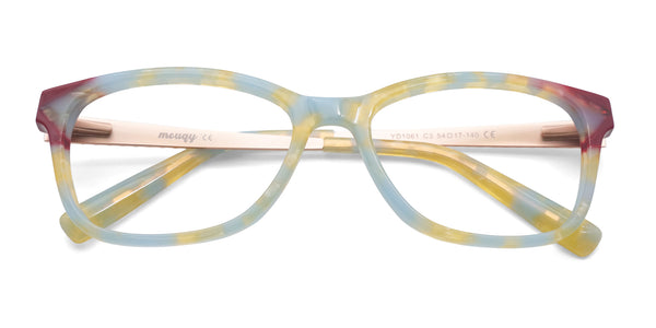 youth rectangle yellow blue eyeglasses frames top view