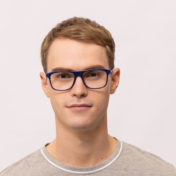 zion rectangle blue silver eyeglasses frames for men front view