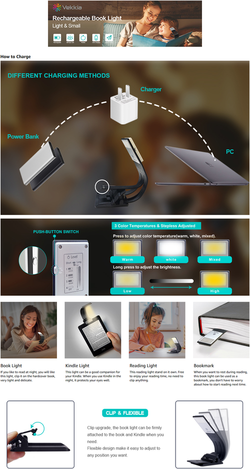 Vekkia Bookmark Book Light, Clip on Reading Lights for Books in Bed,  Infinite Brightness Levels, Soft Light Easy for Eyes, Built-in USB Cable  Easy