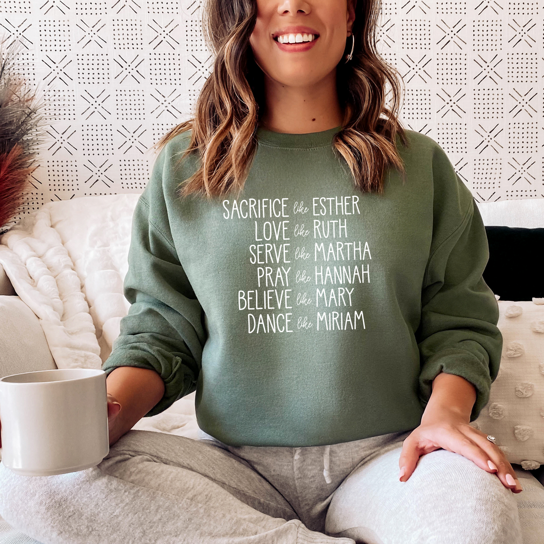 Oh what a cute Christian Sweatshirt! A wonderful list of biblical women to inspire you and those around you all day! Our Gildan Sweatshirts are offered in many colors. Super soft and comfy, these are considered a customer favorite! They are a poly-cotton blend. Enjoy!