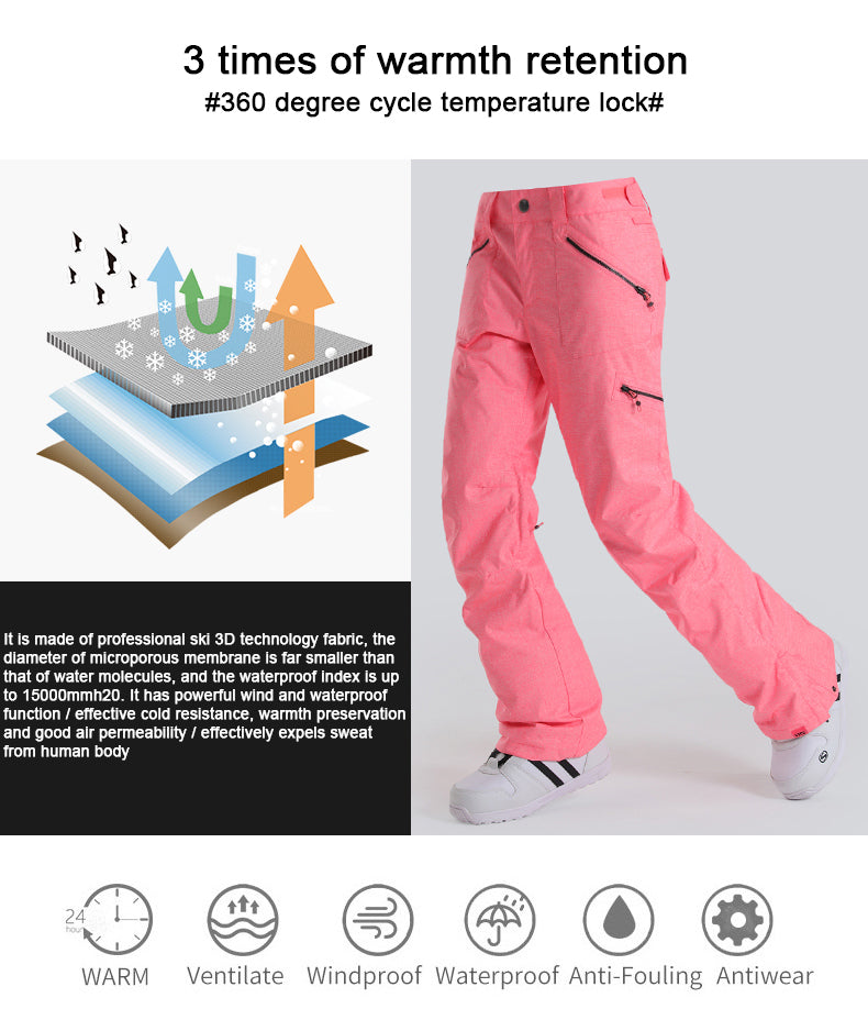 Gsou Snow Women's Rose Pink Thermal Warm Waterproof Windproof Ski Pant