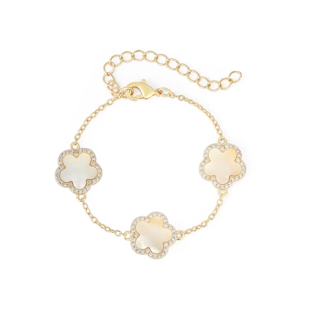 18K Yellow Gold Flower Clover Mother of Pearl Bracelet (item #1166019)