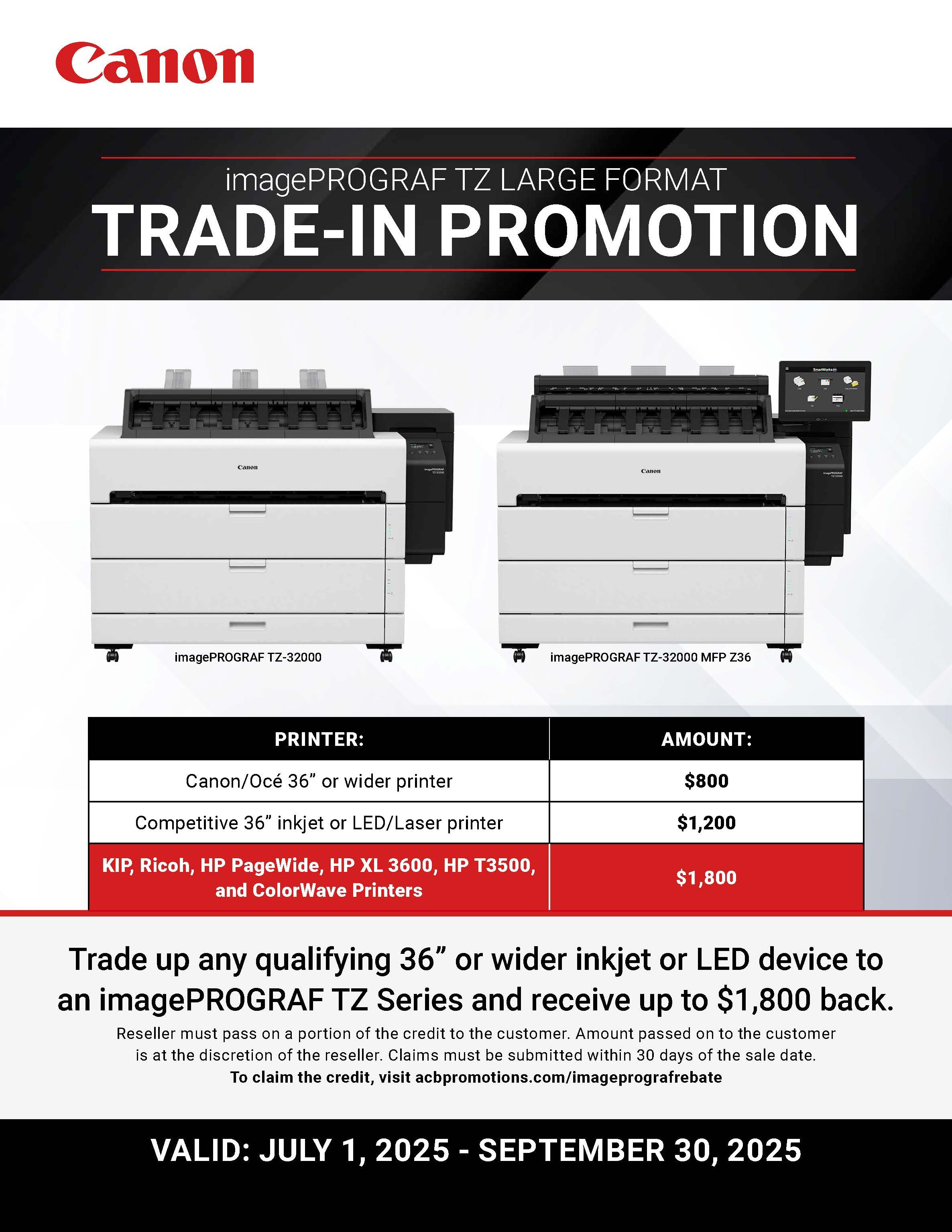 Canon TZ-32000 System image reflecting trade-in promos from $800-$1,800