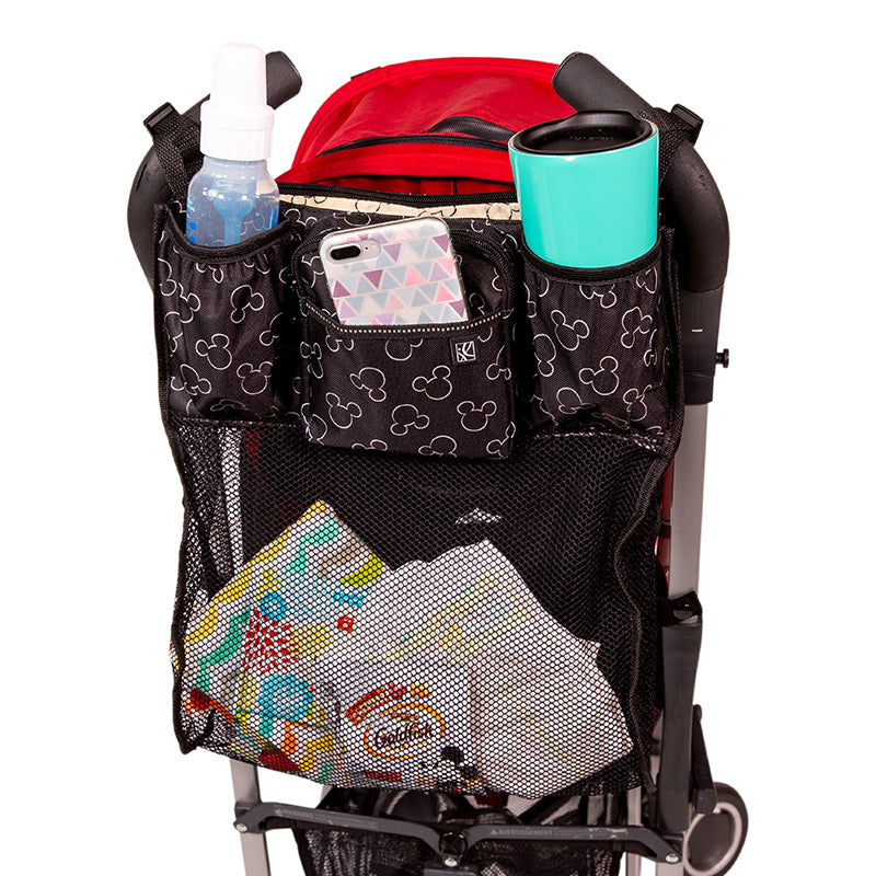 Disney Baby Cups ‘N Cargo Stroller Organizer hanging on stroller with accessories in it