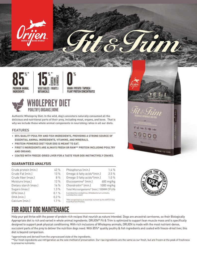 Orijen Fit & Trim Dog Food - Fact Sheet | Pets Planet - South Africa’s No.1 ePet Store for premium pet products & online pet shopping for the best pet store near me for products like pet food, dog food, cat food, dog beds, pet treats, dog treats, pet snacks, dog snacks, dog bed, dog beds, iremia dog bed, plush dog bed, washable dog bed, fluffy dog bed, calming dog bed, relaxing dog bed, anxiety dog bed, donut dog bed, iremia dog bed, pet bed from a pet store Olivedale, pet store Bryanston, Pet Store Johannesburg, Pet store joburg, Orijen, Orijen pet food, Orijen dog food