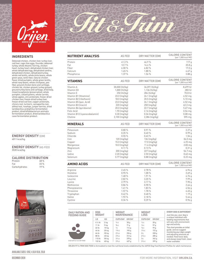 Orijen Fit & Trim Dog Food - Fact Sheet | Pets Planet - South Africa’s No.1 ePet Store for premium pet products & online pet shopping for the best pet store near me for products like pet food, dog food, cat food, dog beds, pet treats, dog treats, pet snacks, dog snacks, dog bed, dog beds, iremia dog bed, plush dog bed, washable dog bed, fluffy dog bed, calming dog bed, relaxing dog bed, anxiety dog bed, donut dog bed, iremia dog bed, pet bed from a pet store Olivedale, pet store Bryanston, Pet Store Johannesburg, Pet store joburg, Orijen, Orijen pet food, Orijen dog food