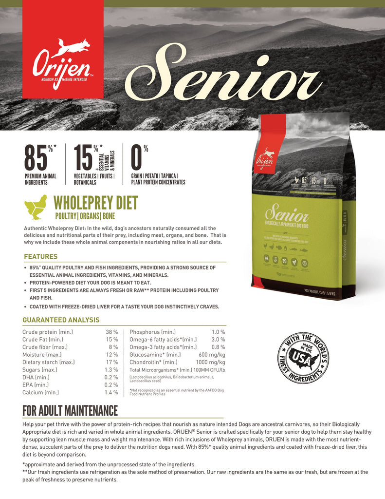 Orijen Senior Dog Food - Fact Sheet | Pets Planet - South Africa’s No.1 ePet Store for premium pet products & online pet shopping for the best pet store near me for products like pet food, dog food, cat food, dog beds, pet treats, dog treats, pet snacks, dog snacks, dog bed, dog beds, iremia dog bed, plush dog bed, washable dog bed, fluffy dog bed, calming dog bed, relaxing dog bed, anxiety dog bed, donut dog bed, iremia dog bed, pet bed from a pet store Olivedale, pet store Bryanston, Pet Store Johannesburg, Pet store joburg, Orijen, Orijen pet food, Orijen dog food