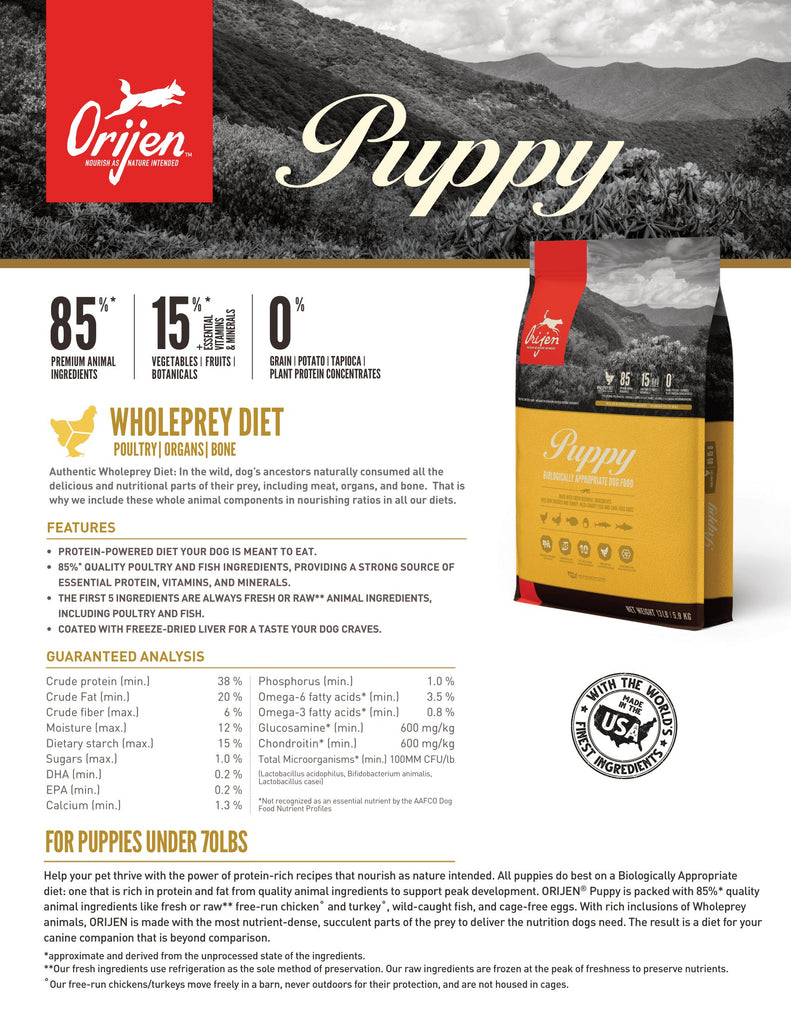 Orijen Small Breed Puppy Food - Fact Sheet | Pets Planet - South Africa’s No.1 ePet Store for premium pet products & online pet shopping for the best pet store near me for products like pet food, dog food, cat food, dog beds, pet treats, dog treats, pet snacks, dog snacks, dog bed, dog beds, iremia dog bed, plush dog bed, washable dog bed, fluffy dog bed, calming dog bed, relaxing dog bed, anxiety dog bed, donut dog bed, iremia dog bed, pet bed from a pet store Olivedale, pet store Bryanston, Pet Store Johannesburg, Pet store joburg, Orijen, Orijen pet food, Orijen dog food