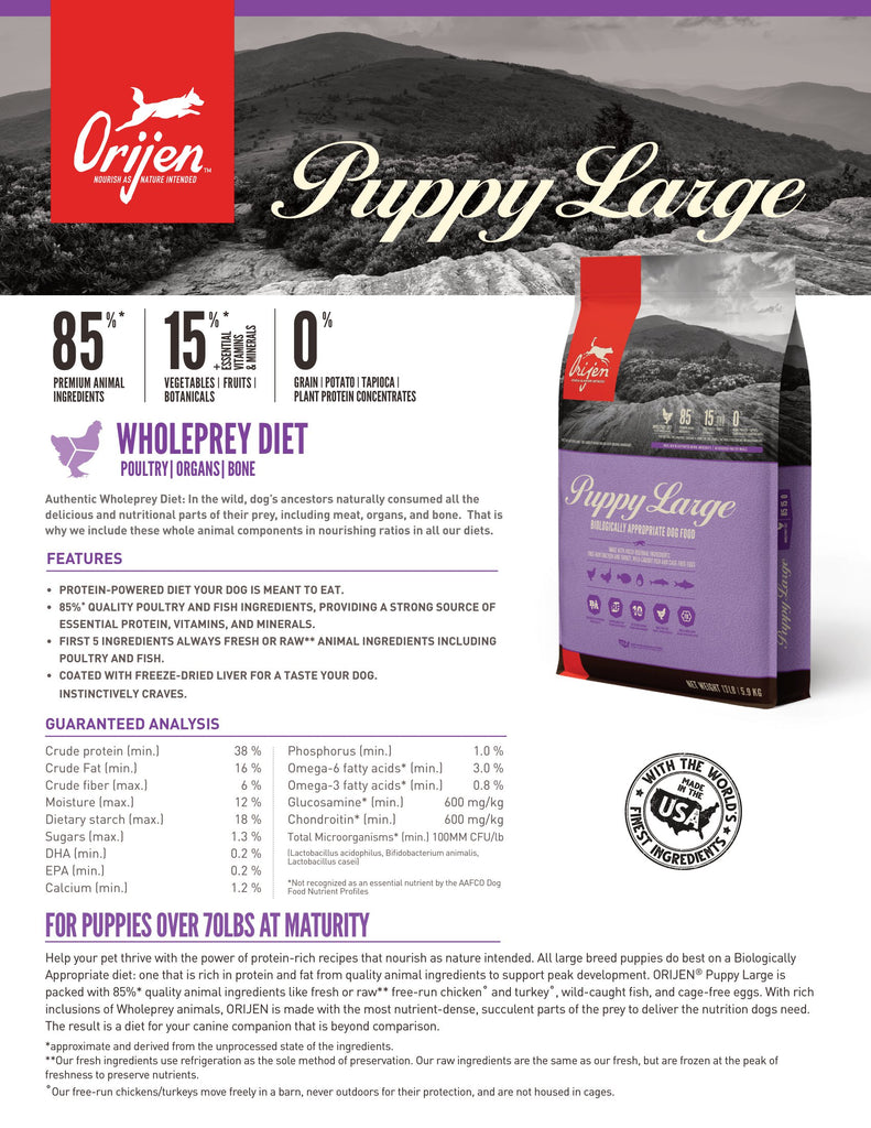 Orijen Large Breed Puppy Food - Fact Sheet | Pets Planet - South Africa’s No.1 ePet Store for premium pet products & online pet shopping for the best pet store near me for products like pet food, dog food, cat food, dog beds, pet treats, dog treats, pet snacks, dog snacks, dog bed, dog beds, iremia dog bed, plush dog bed, washable dog bed, fluffy dog bed, calming dog bed, relaxing dog bed, anxiety dog bed, donut dog bed, iremia dog bed, pet bed from a pet store Olivedale, pet store Bryanston, Pet Store Johannesburg, Pet store joburg, Orijen, Orijen pet food, Orijen dog food