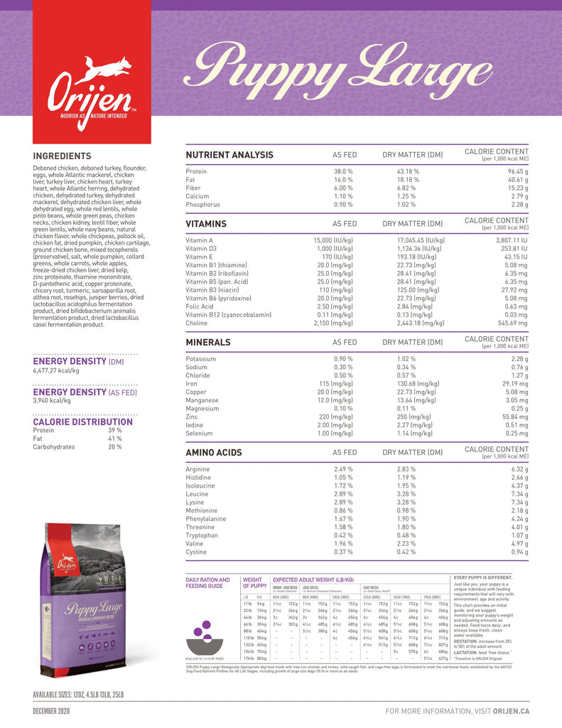 Orijen Large Breed Puppy Food - Fact Sheet | Pets Planet - South Africa’s No.1 ePet Store for premium pet products & online pet shopping for the best pet store near me for products like pet food, dog food, cat food, dog beds, pet treats, dog treats, pet snacks, dog snacks, dog bed, dog beds, iremia dog bed, plush dog bed, washable dog bed, fluffy dog bed, calming dog bed, relaxing dog bed, anxiety dog bed, donut dog bed, iremia dog bed, pet bed from a pet store Olivedale, pet store Bryanston, Pet Store Johannesburg, Pet store joburg, Orijen, Orijen pet food, Orijen dog food