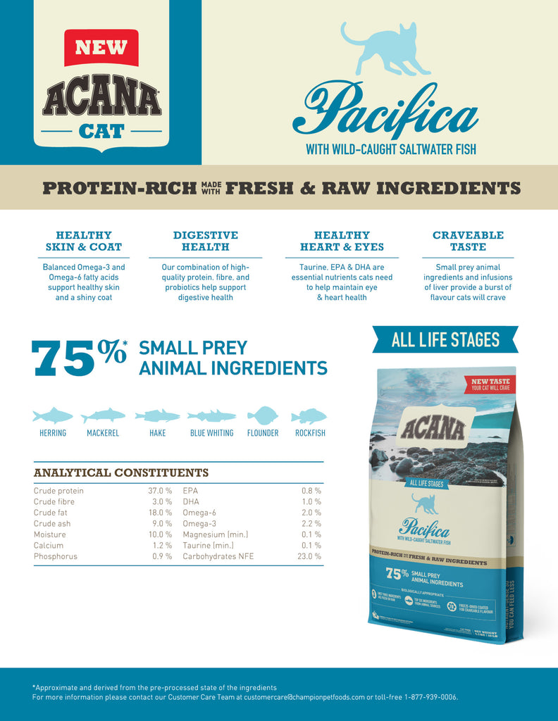 Acana Grain-Free Cat Food - Pacifica Cat Recipe - Fact Sheet | Pets Planet - South Africa’s No.1 ePet Store for premium pet products & online pet shopping for the best pet store near me for products like pet food, dog food, cat food, dog beds, pet treats, dog treats, pet snacks, dog snacks, dog bed, dog beds, iremia dog bed, plush dog bed, washable dog bed, fluffy dog bed, calming dog bed, relaxing dog bed, anxiety dog bed, donut dog bed, iremia dog bed, pet bed from a pet store Olivedale, pet store Bryanston, Pet Store Johannesburg, Pet store joburg, Acana, cat food
