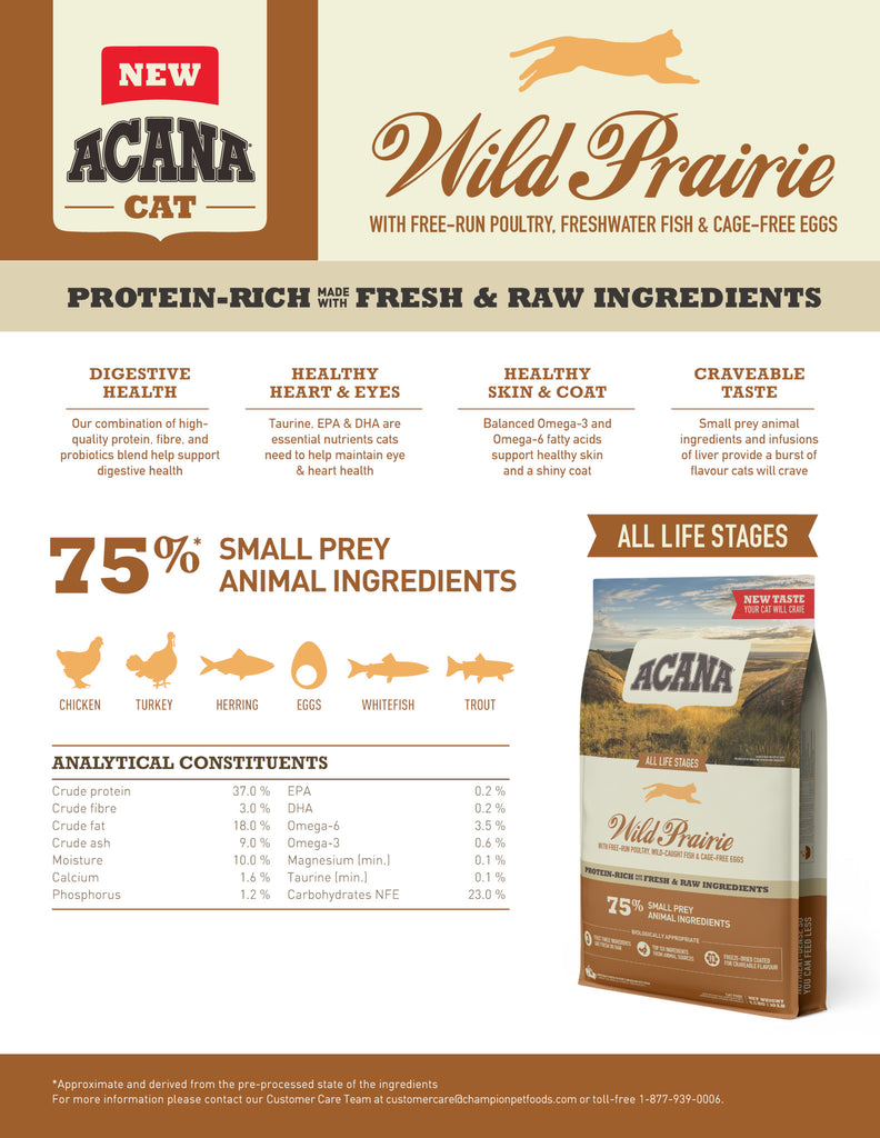 Acana Grain-Free Cat Food - Wild Prairie Cat Recipe - Fact Sheet | Pets Planet - South Africa’s No.1 ePet Store for premium pet products & online pet shopping for the best pet store near me for products like pet food, dog food, cat food, dog beds, pet treats, dog treats, pet snacks, dog snacks, dog bed, dog beds, iremia dog bed, plush dog bed, washable dog bed, fluffy dog bed, calming dog bed, relaxing dog bed, anxiety dog bed, donut dog bed, iremia dog bed, pet bed from a pet store Olivedale, pet store Bryanston, Pet Store Johannesburg, Pet store joburg, Acana, cat food