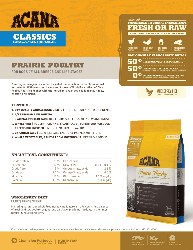 Acana Classics Dog Food - Prairie Poultry Dog - Fact Sheet | Pets Planet - South Africa’s No.1 ePet Store for premium pet products & online pet shopping for the best pet store near me for products like pet food, dog food, cat food, dog beds, pet treats, dog treats, pet snacks, dog snacks, dog bed, dog beds, iremia dog bed, plush dog bed, washable dog bed, fluffy dog bed, calming dog bed, relaxing dog bed, anxiety dog bed, donut dog bed, iremia dog bed, pet bed from a pet store Olivedale, pet store Bryanston, Pet Store Johannesburg, Pet store joburg, Acana