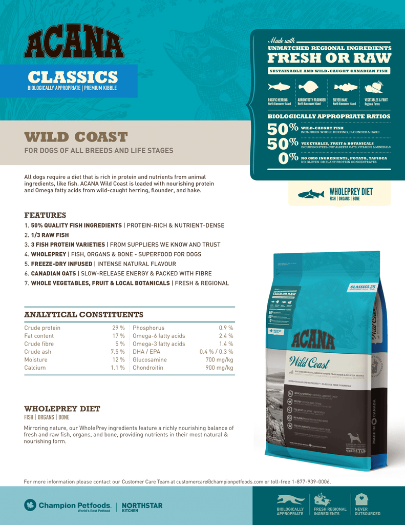 Acana Classics Dog Food - Wild Coast Dog - Fact Sheet | Pets Planet - South Africa’s No.1 ePet Store for premium pet products & online pet shopping for the best pet store near me for products like pet food, dog food, cat food, dog beds, pet treats, dog treats, pet snacks, dog snacks, dog bed, dog beds, iremia dog bed, plush dog bed, washable dog bed, fluffy dog bed, calming dog bed, relaxing dog bed, anxiety dog bed, donut dog bed, iremia dog bed, pet bed from a pet store Olivedale, pet store Bryanston, Pet Store Johannesburg, Pet store joburg, Acana