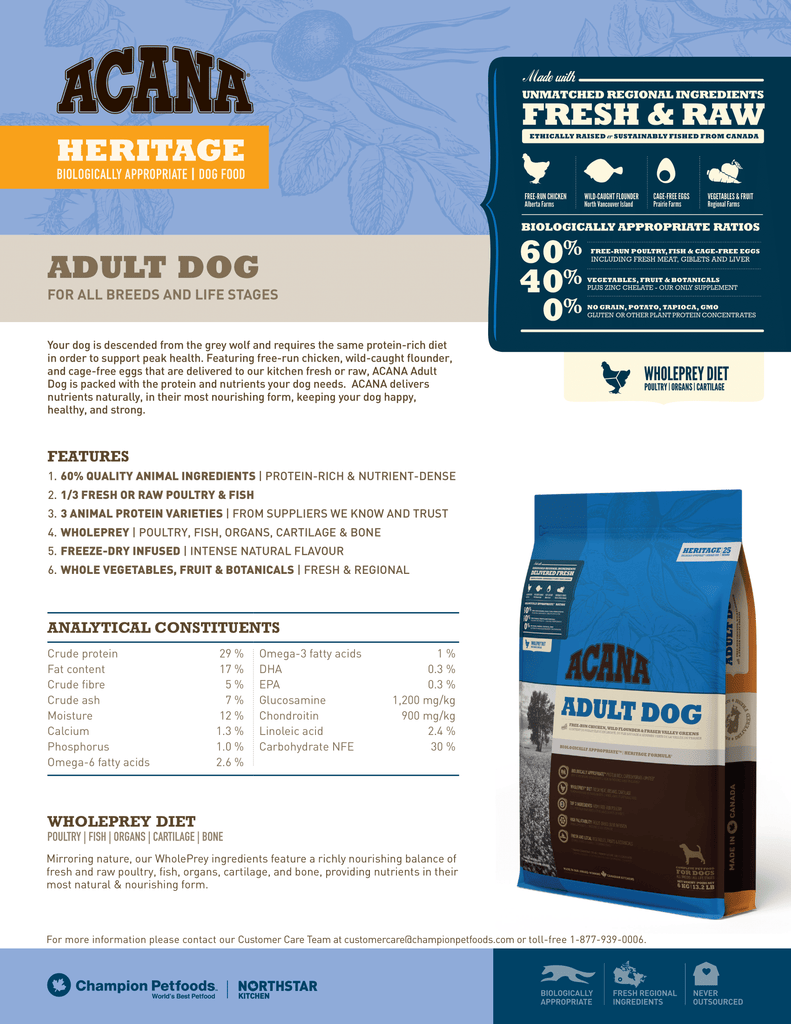 Acana Dog Food - Adult Dog - Fact Sheet | Pets Planet - South Africa’s No.1 ePet Store for premium pet products & online pet shopping for the best pet store near me for products like pet food, dog food, cat food, dog beds, pet treats, dog treats, pet snacks, dog snacks, dog bed, dog beds, iremia dog bed, plush dog bed, washable dog bed, fluffy dog bed, calming dog bed, relaxing dog bed, anxiety dog bed, donut dog bed, iremia dog bed, pet bed from a pet store Olivedale, pet store Bryanston, Pet Store Johannesburg, Pet store joburg, Acana