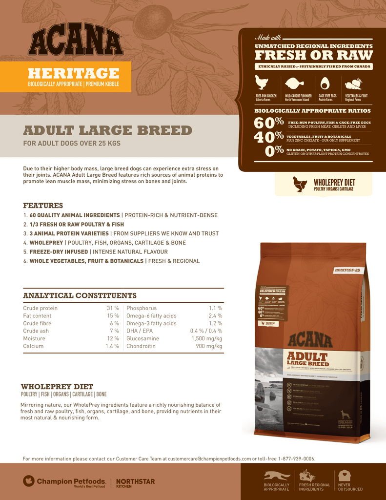 Acana Adult Large Breed Dog Food - Fact Sheet | Pets Planet - South Africa’s No.1 ePet Store for premium pet products & online pet shopping for the best pet store near me for products like pet food, dog food, cat food, dog beds, pet treats, dog treats, pet snacks, dog snacks, dog bed, dog beds, iremia dog bed, plush dog bed, washable dog bed, fluffy dog bed, calming dog bed, relaxing dog bed, anxiety dog bed, donut dog bed, iremia dog bed, pet bed from a pet store Olivedale, pet store Bryanston, Pet Store Johannesburg, Pet store joburg, Acana