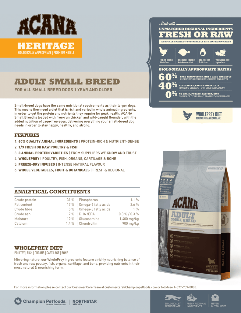 Acana Adult Small Breed Dog Food - Fact Sheet | Pets Planet - South Africa’s No.1 ePet Store for premium pet products & online pet shopping for the best pet store near me for products like pet food, dog food, cat food, dog beds, pet treats, dog treats, pet snacks, dog snacks, dog bed, dog beds, iremia dog bed, plush dog bed, washable dog bed, fluffy dog bed, calming dog bed, relaxing dog bed, anxiety dog bed, donut dog bed, iremia dog bed, pet bed from a pet store Olivedale, pet store Bryanston, Pet Store Johannesburg, Pet store joburg, Acana