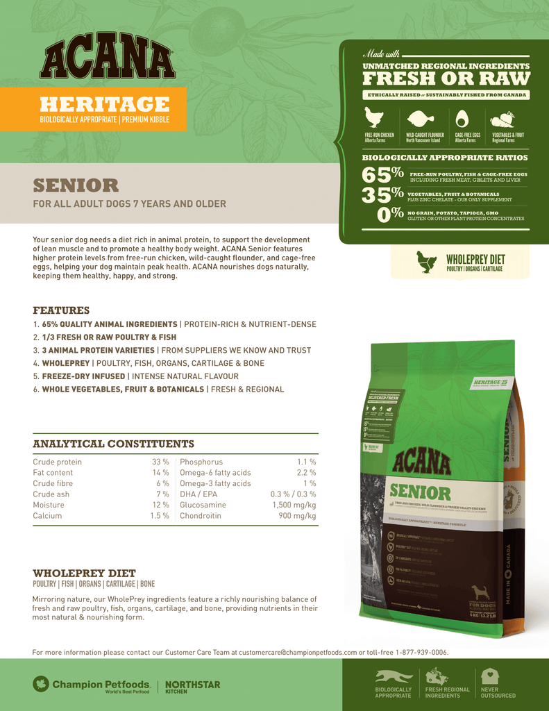 Acana Senior Dog Food - Adult Dog - Fact Sheet | Pets Planet - South Africa’s No.1 ePet Store for premium pet products & online pet shopping for the best pet store near me for products like pet food, dog food, cat food, dog beds, pet treats, dog treats, pet snacks, dog snacks, dog bed, dog beds, iremia dog bed, plush dog bed, washable dog bed, fluffy dog bed, calming dog bed, relaxing dog bed, anxiety dog bed, donut dog bed, iremia dog bed, pet bed from a pet store Olivedale, pet store Bryanston, Pet Store Johannesburg, Pet store joburg, Acana