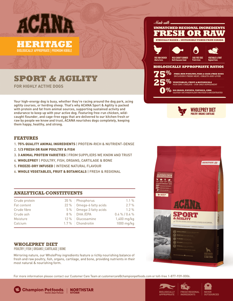 Acana Sport & AGility Dog Food - Adult Dog Food - Fact Sheet | Pets Planet - South Africa’s No.1 ePet Store for premium pet products & online pet shopping for the best pet store near me for products like pet food, dog food, cat food, dog beds, pet treats, dog treats, pet snacks, dog snacks, dog bed, dog beds, iremia dog bed, plush dog bed, washable dog bed, fluffy dog bed, calming dog bed, relaxing dog bed, anxiety dog bed, donut dog bed, iremia dog bed, pet bed from a pet store Olivedale, pet store Bryanston, Pet Store Johannesburg, Pet store joburg, Acana
