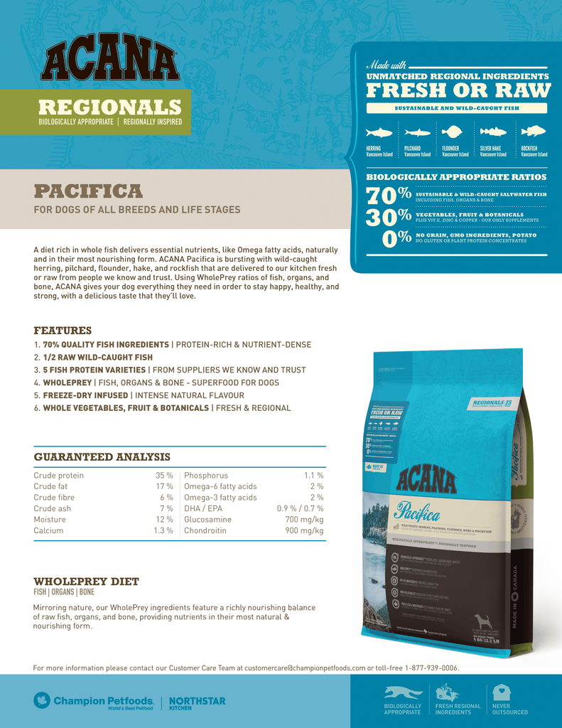 Acana Highest Protein Dog Food - Pacifica Dog Recipe - Fact Sheet | Pets Planet - South Africa’s No.1 ePet Store for premium pet products & online pet shopping for the best pet store near me for products like pet food, dog food, cat food, dog beds, pet treats, dog treats, pet snacks, dog snacks, dog bed, dog beds, iremia dog bed, plush dog bed, washable dog bed, fluffy dog bed, calming dog bed, relaxing dog bed, anxiety dog bed, donut dog bed, iremia dog bed, pet bed from a pet store Olivedale, pet store Bryanston, Pet Store Johannesburg, Pet store joburg, Acana