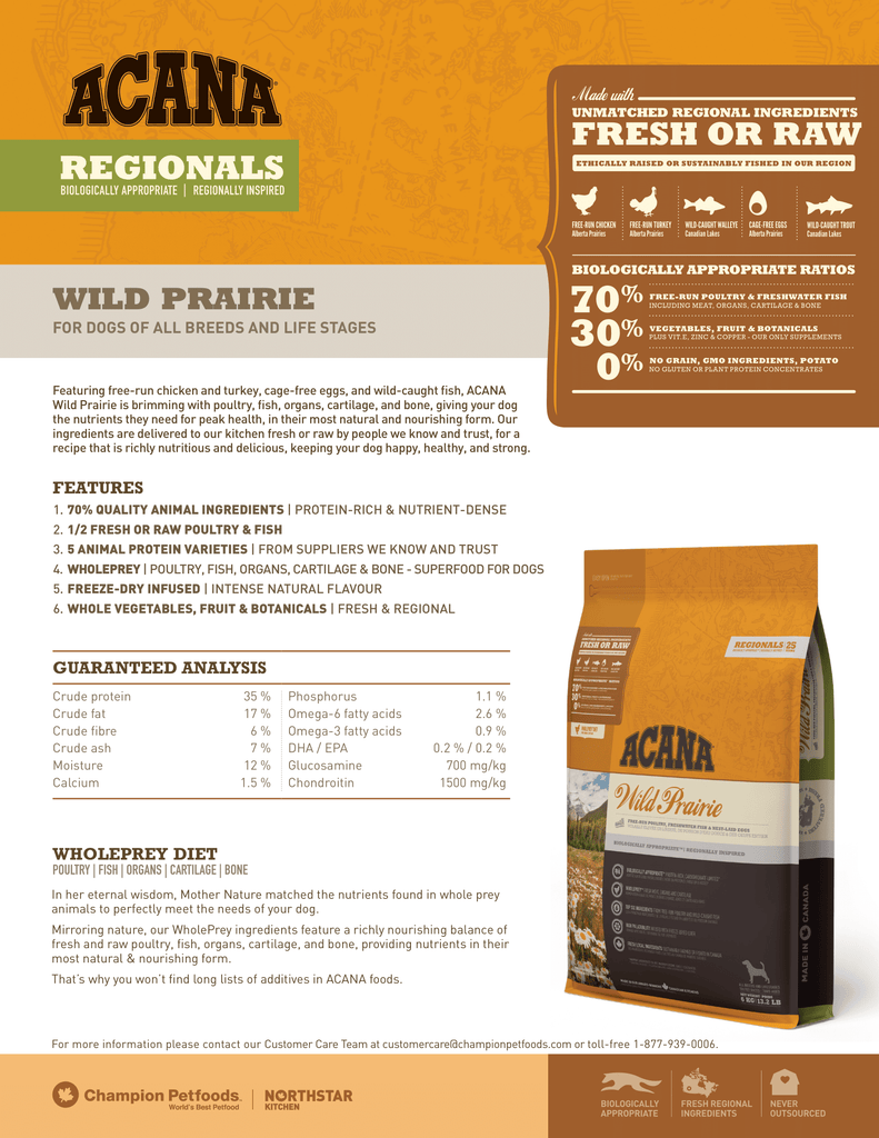 Acana Highest Protein Dog Food - Wild Prairie Dog Recipe - Fact Sheet | Pets Planet - South Africa’s No.1 ePet Store for premium pet products & online pet shopping for the best pet store near me for products like pet food, dog food, cat food, dog beds, pet treats, dog treats, pet snacks, dog snacks, dog bed, dog beds, iremia dog bed, plush dog bed, washable dog bed, fluffy dog bed, calming dog bed, relaxing dog bed, anxiety dog bed, donut dog bed, iremia dog bed, pet bed from a pet store Olivedale, pet store Bryanston, Pet Store Johannesburg, Pet store joburg, Acana