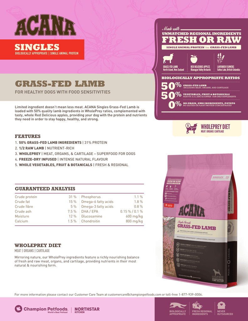 Acana Singles Grass-Fed Lamb Dog Food - Adult Dog Food - Fact Sheet | Pets Planet - South Africa’s No.1 ePet Store for premium pet products & online pet shopping for the best pet store near me for products like pet food, dog food, cat food, dog beds, pet treats, dog treats, pet snacks, dog snacks, dog bed, dog beds, iremia dog bed, plush dog bed, washable dog bed, fluffy dog bed, calming dog bed, relaxing dog bed, anxiety dog bed, donut dog bed, iremia dog bed, pet bed from a pet store Olivedale, pet store Bryanston, Pet Store Johannesburg, Pet store joburg, Acana