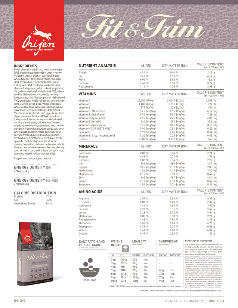 Orijen Fit & Trim Cat Food - Fact Sheet | Pets Planet - South Africa’s No.1 ePet Store for premium pet products & online pet shopping for the best pet store near me for products like pet food, cat food, kitten food, cat bed, cat beds, dog beds, pet treats, pet snacks, dog bed, dog beds, iremia dog bed, plush dog bed, washable dog bed, fluffy dog bed, calming dog bed, relaxing dog bed, anxiety dog bed, donut dog bed, iremia dog bed, pet bed from a pet store Olivedale, pet store Bryanston, Pet Store Johannesburg, Pet store joburg, Orijen, Orijen pet food, orijen cat food